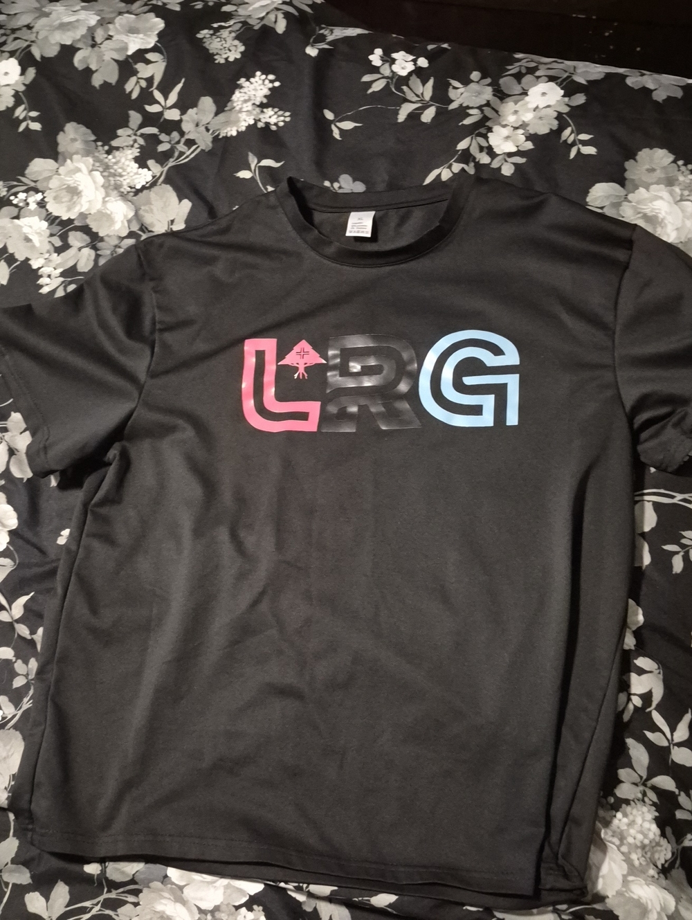 LRG Black Tee with Pink & Light Blue Logo